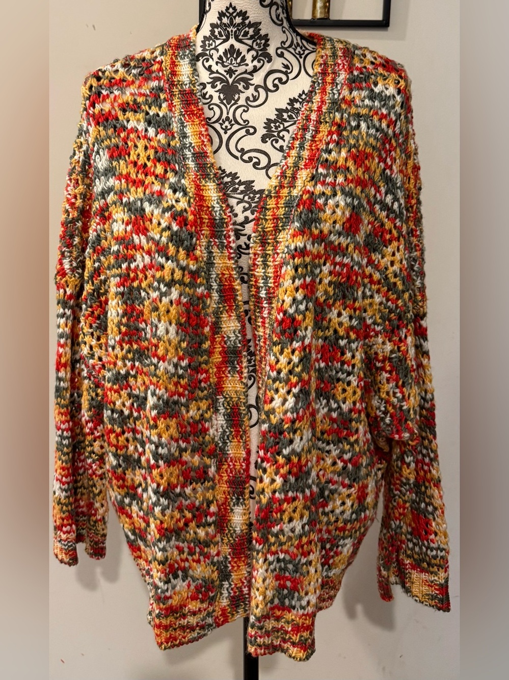 ADORA Multicolor Open-Front Knit Cardigan — Red, Yellow, Green, Cream